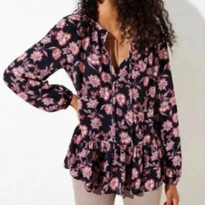 LOFT Garden Floral peplum waist,keyhole tie neck flounce top, long sleeve, navy